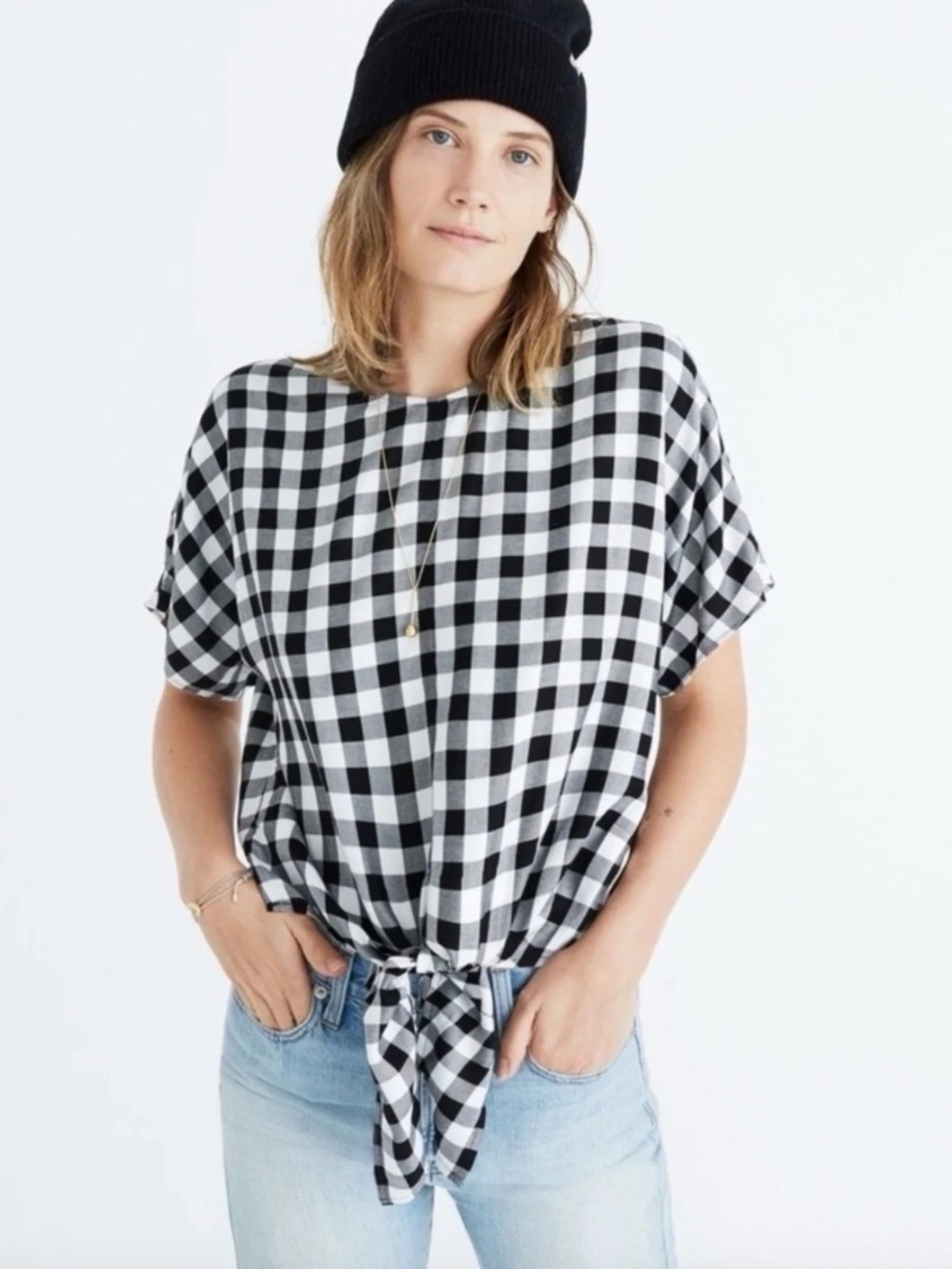 Madewell Black and White Gingham Tie-Front Blouse